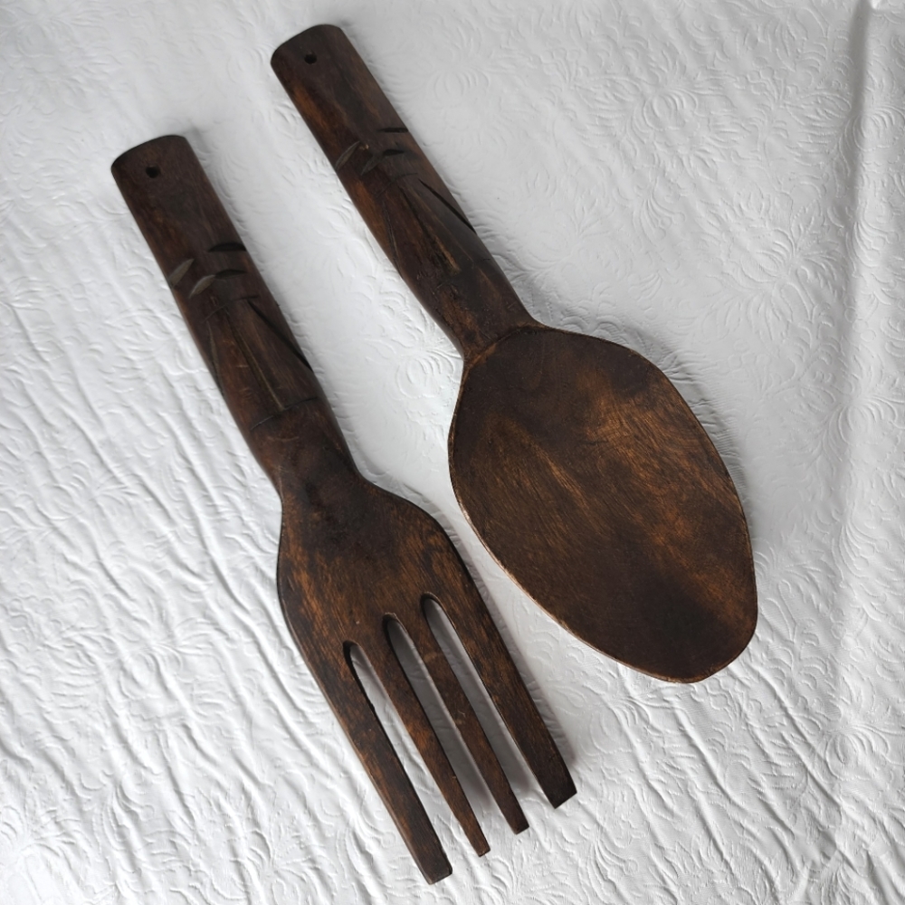 Vintage Fork and Spoon Hand Carved Wood MCM Home Wall Decor Tiki Dark Tone